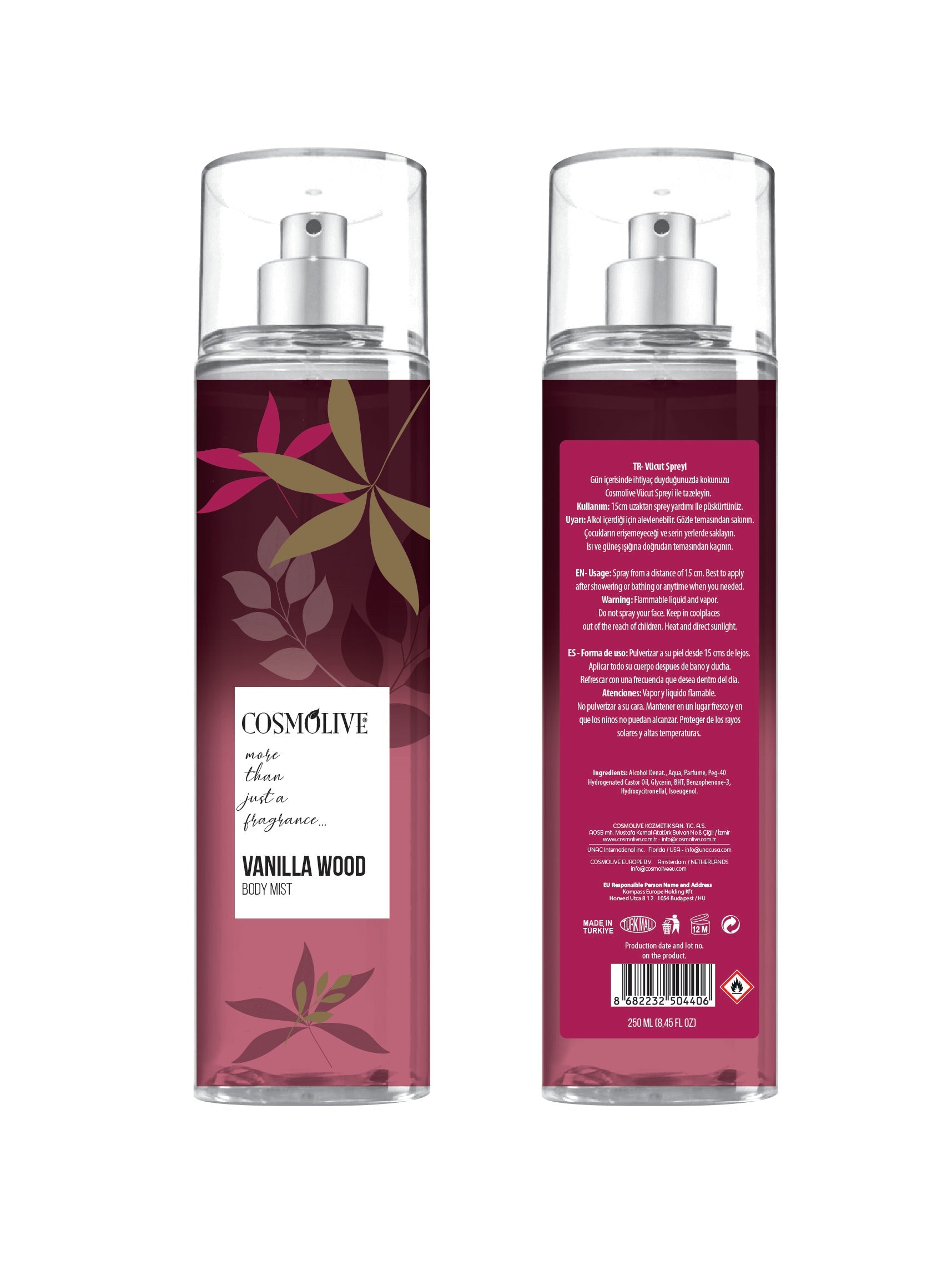 COSMOLIVE BODY MIST 250 ml Vanilla Wood / The Excellent Composition of Nature With The Fruit and Floral Essences / Natural Life