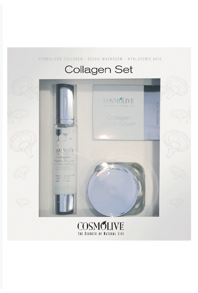 COSMOLIVE COLLAGEN SET  3 in 1 / Anti-age Effect / Collagen Face Soap  /Reishi Mushroom Soap/ Antiwrinkle Collagen Eye Area Serum / Antiwrinkle Collagen Face Cream
