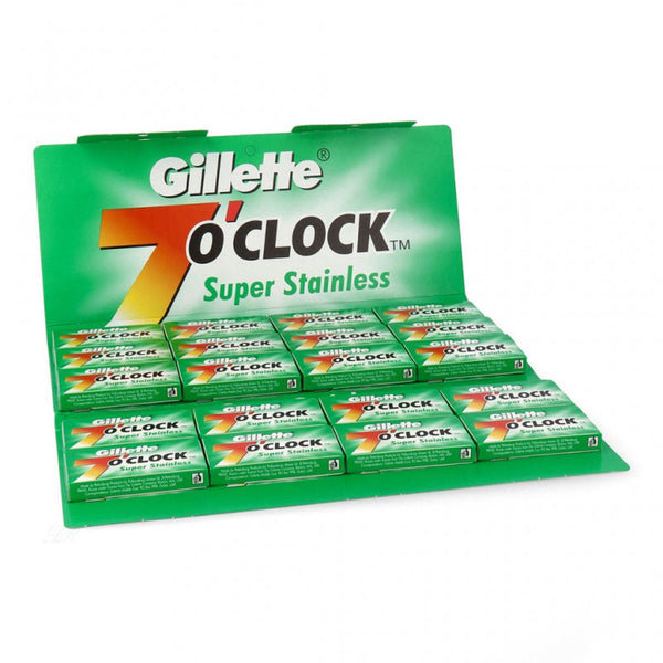 Gillette 7 O'Clock Stainless Double Edge Razor Blades, a pack of 100 high-quality shaving blades designed for a smooth and precise shave. Suitable for UK razors.