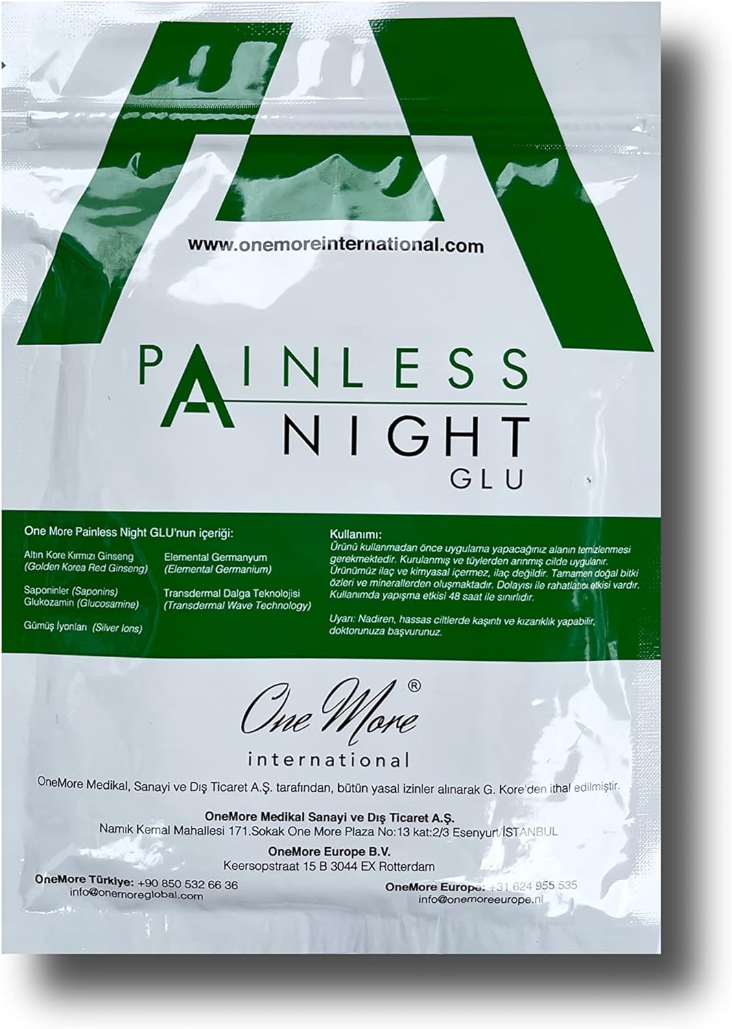 One More International Painless Night Glue, 25-piece pack. A 100% original pain relief patch designed to alleviate joint pain and discomfort. Contains Korean Red Ginseng for natural relief.