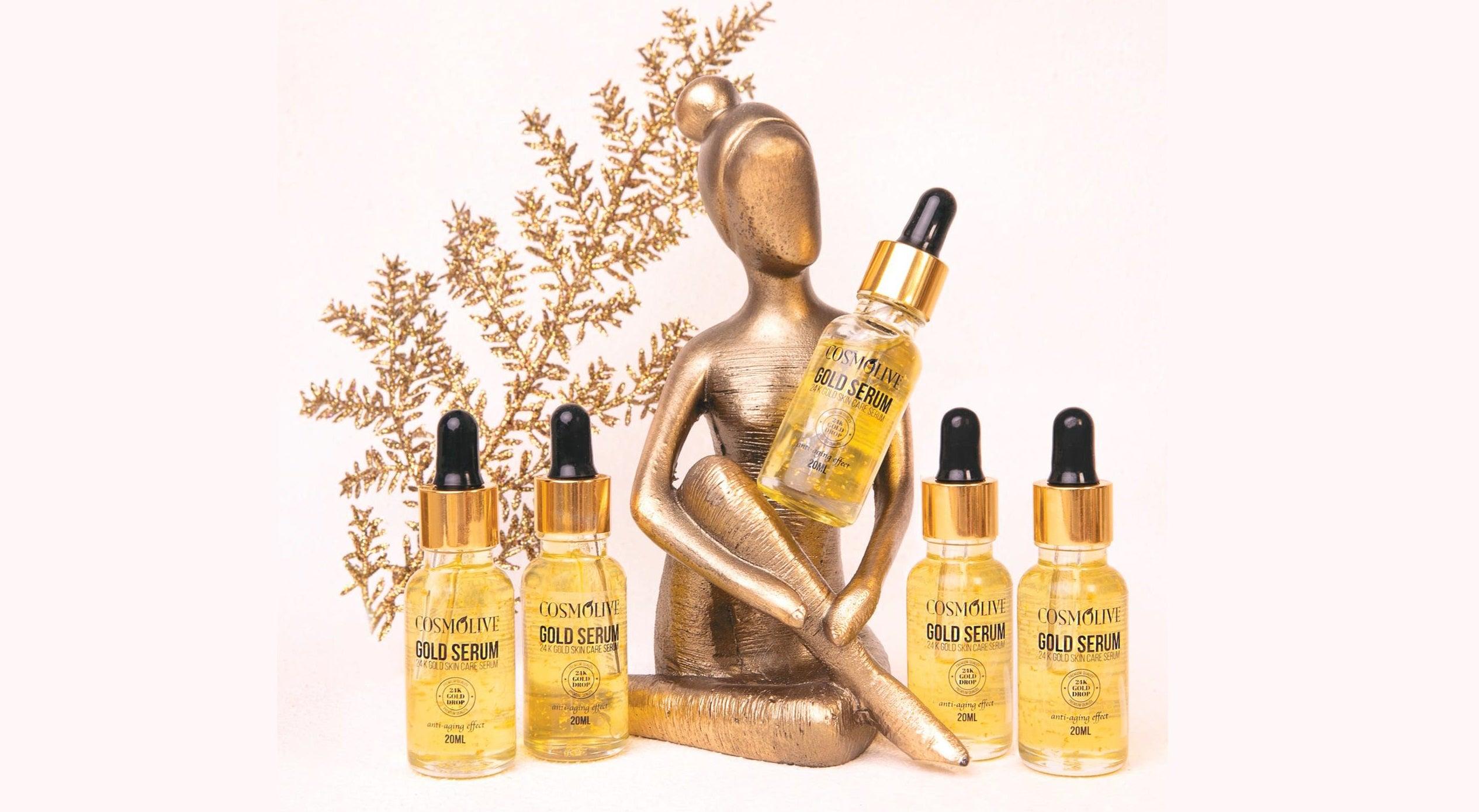 Cosmolive 20ml Gold Serum with 24K Gold, designed to enhance youthful complexion. Vegan, paraben-free, and not tested on animals, it deeply nourishes the skin for a radiant and rejuvenated look.