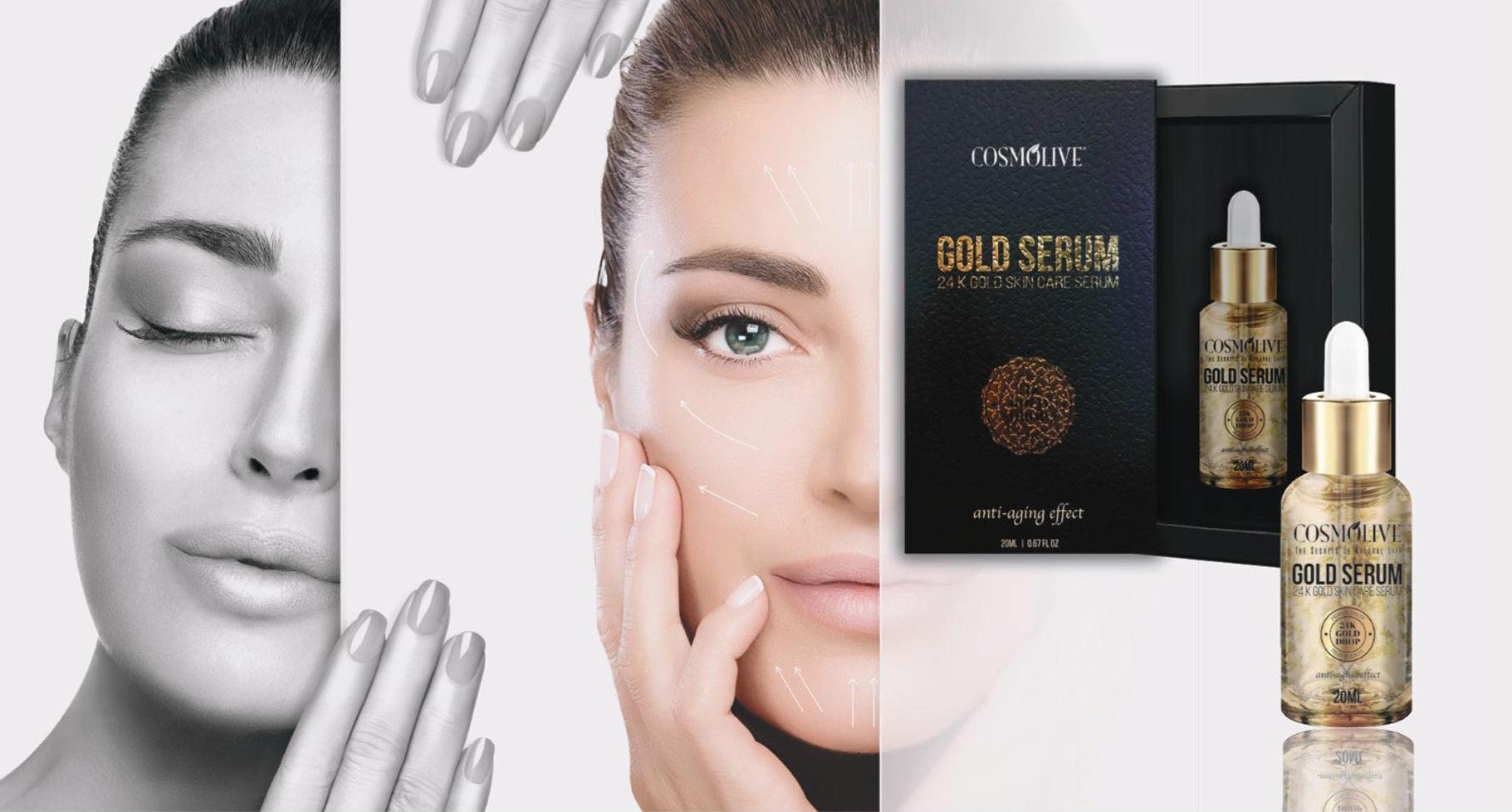 Cosmolive 20ml Gold Serum with 24K Gold, designed to enhance youthful complexion. Vegan, paraben-free, and not tested on animals, it deeply nourishes the skin for a radiant and rejuvenated look.