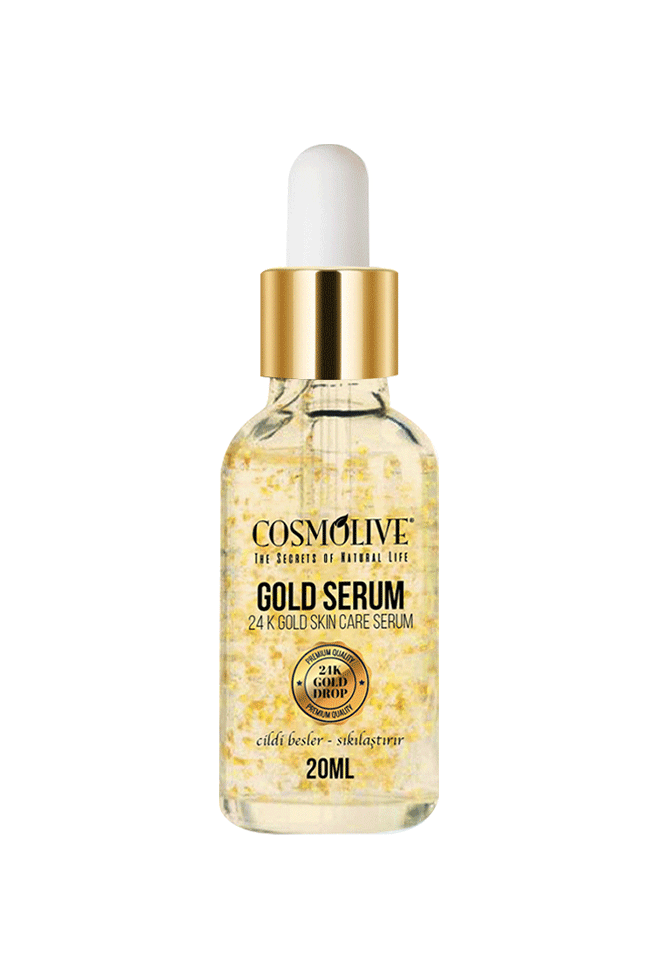 Cosmolive 20ml Gold Serum with 24K Gold, designed to enhance youthful complexion. Vegan, paraben-free, and not tested on animals, it deeply nourishes the skin for a radiant and rejuvenated look.